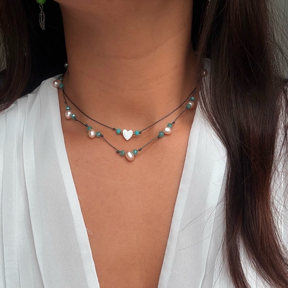 Handmade Double Layer Pearl and Heart Necklace with Green Accents